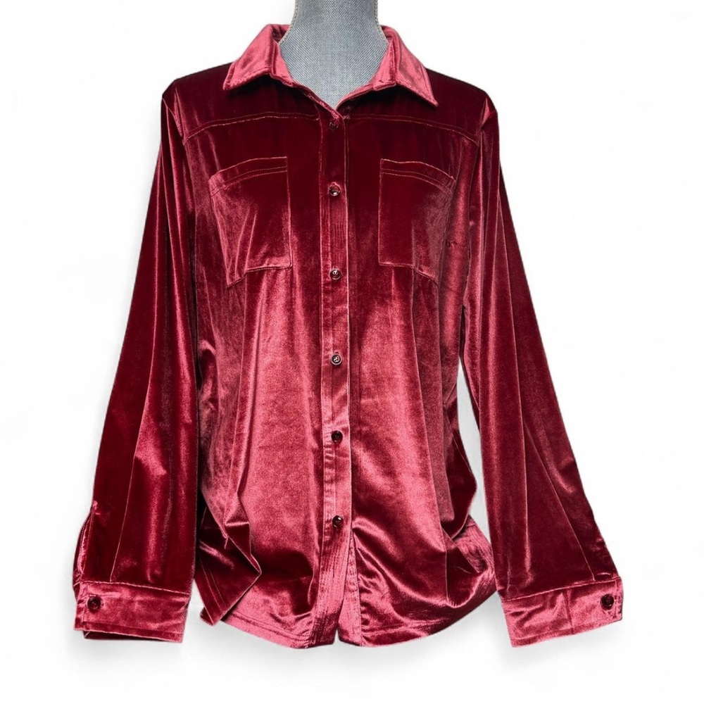Jess Len Lg Pink Burgundy Velvet Velour Button Down Party Glam Retro 70s Holiday